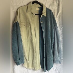 POL Blue Colorblock Corduroy Shacket Two Tone Button Down Shirt S